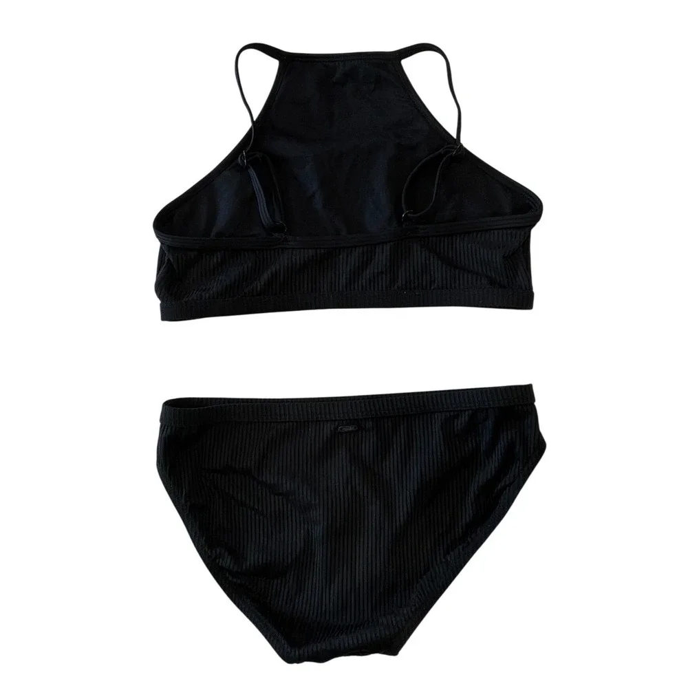 Rip Curl Girls Black Ribbed High Neck Halter Bikini Two Piece Swimsuit Set‎